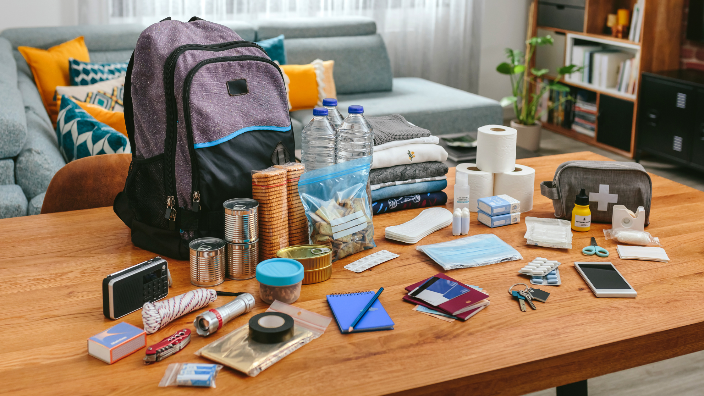 A backpack with essential emergency items laid out on a table at home.