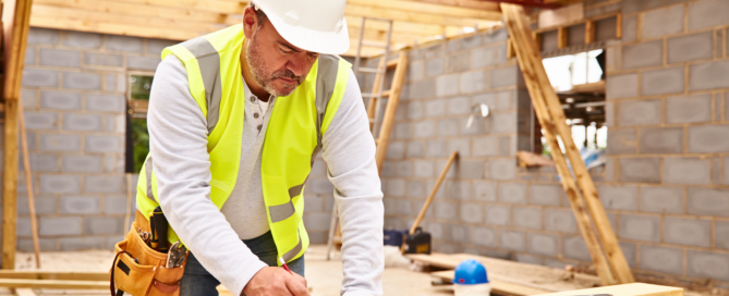 A construction worker measuring how much wood to cut at a construction site.