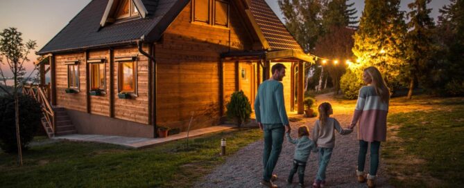 A family of four walking toward their cabin on a summer evening.