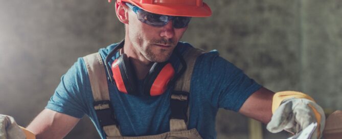 A contractor looking down at plans of the building.